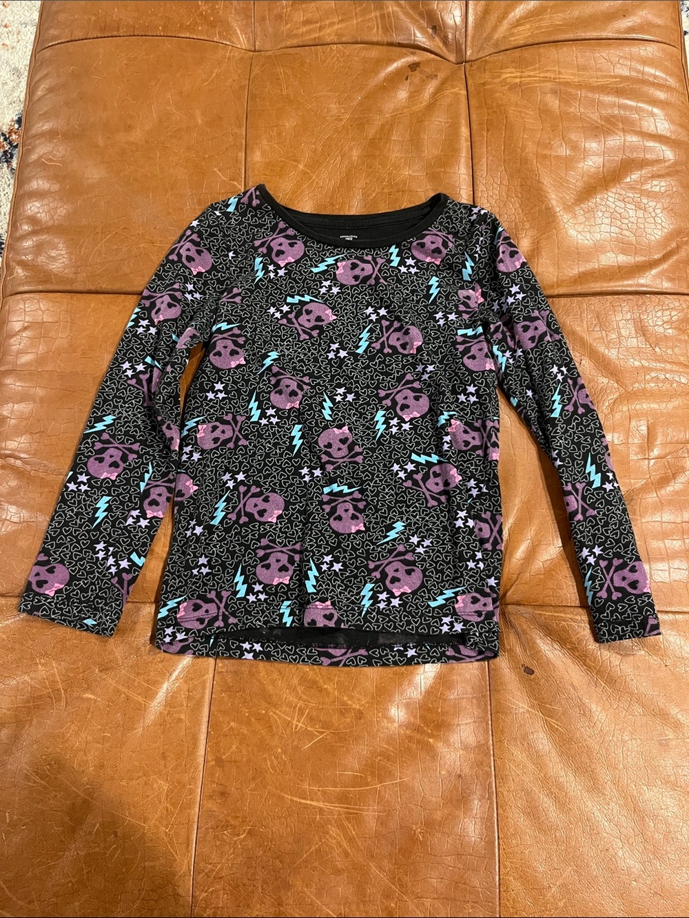 Faded Glory Black Long-Sleeve Tee with Purple Skull and Teal Lightning Print